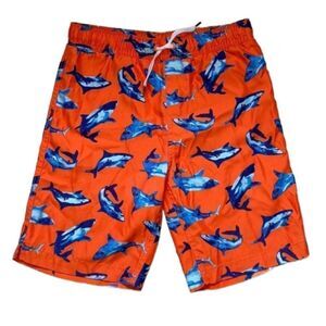 Lands’ End Boys Orange Swim Trunks w/Blue Dolphins & Elastic Waist (Size: Boys M